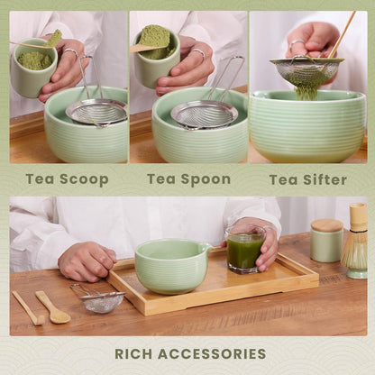 6-Piece Matcha Set, Matcha Whisk (Chasen) & Holder, Matcha Bowl with Spout, Sifter & Spoon, Bamboo & Ceramic, Dark Green