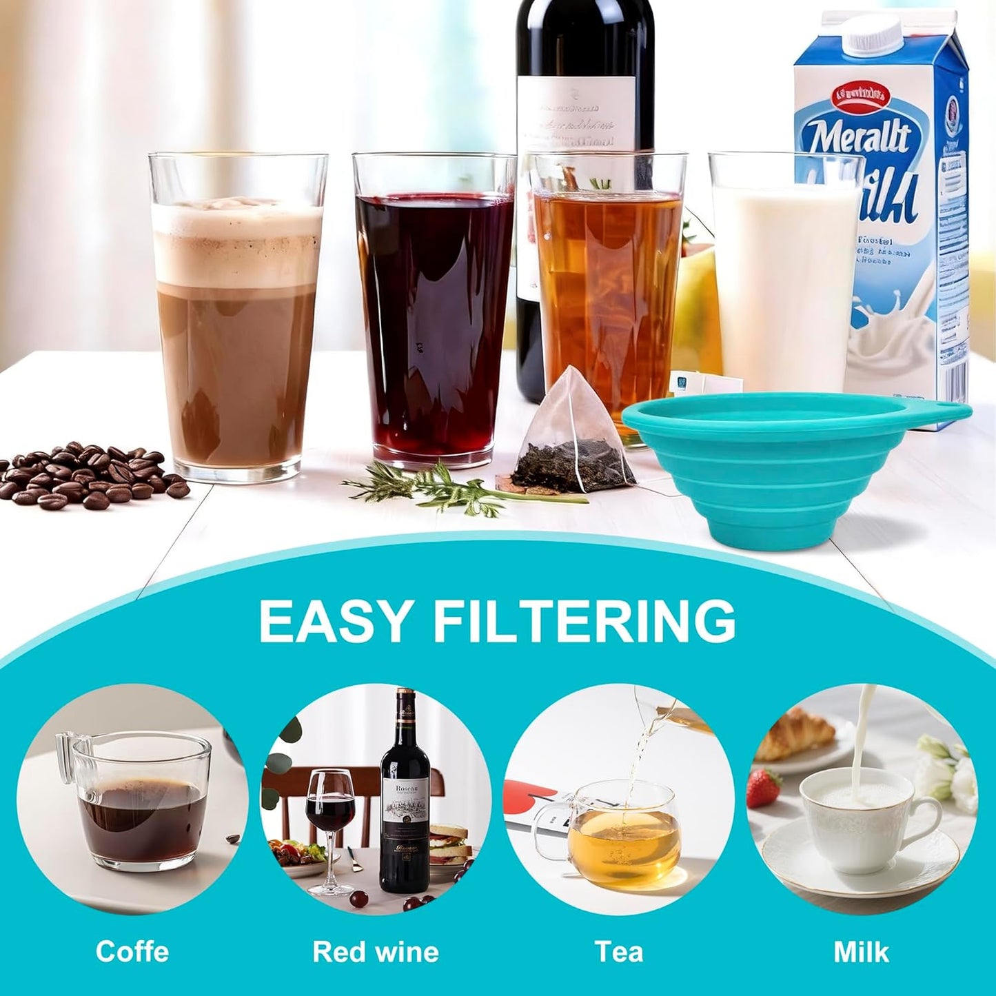 Collapsible Silicone Funnel Strainer, 4” Ultra Fine 40-Mesh Stainless Steel Filter for Coffee, Tea, Wine, Cocktails – BPA-Free Foldable Kitchen Sieve for Camping & RV (Blue)