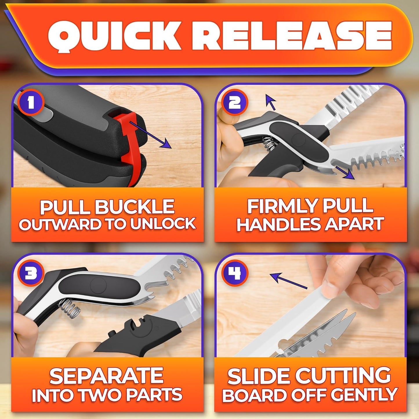 2 in 1 Cutting Board Scissors for Food - 9.5" Detachable Cheese Scissors with Cutting Board and Stainless Steel Blade - Easy-to-Use Veggie Cutter with Safety Lock, Suitable for Fruits and Vegetables