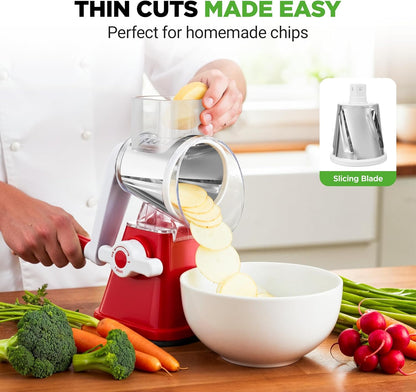 NutriChef 3 in 1 Cheese Grater & Shredder | Strong Suction Base, Rotary Handle with Safety Lock | Includes Hand Crank & 3 Drum Blades for 3 Textures, Fine, Medium & Strips | White