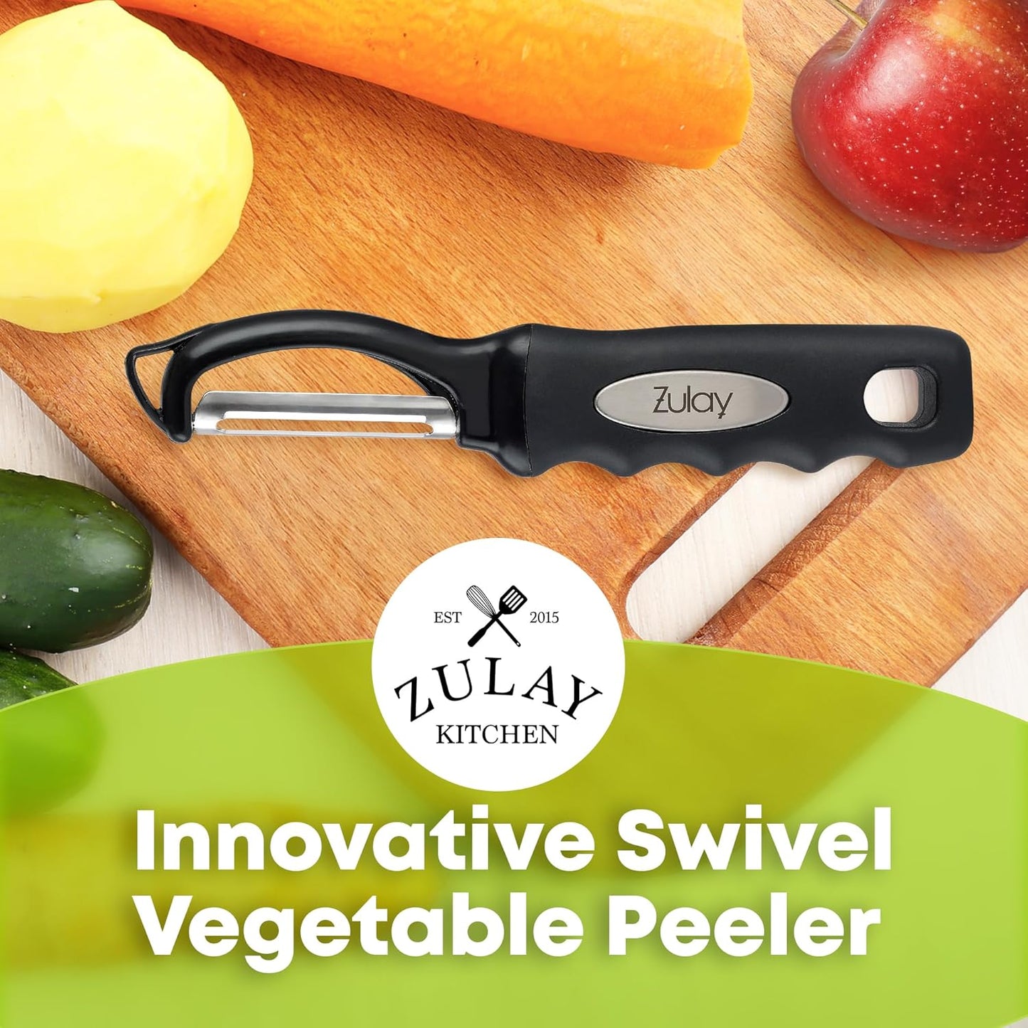 Zulay Kitchen Premium Vegetable Peeler for Kitchen - Swivel Peeler with Razor Sharp Stainless Steel Blades & Strong Ergonomic Handle - Dishwasher Safe, Easy To Use with Blemish Remover - Black