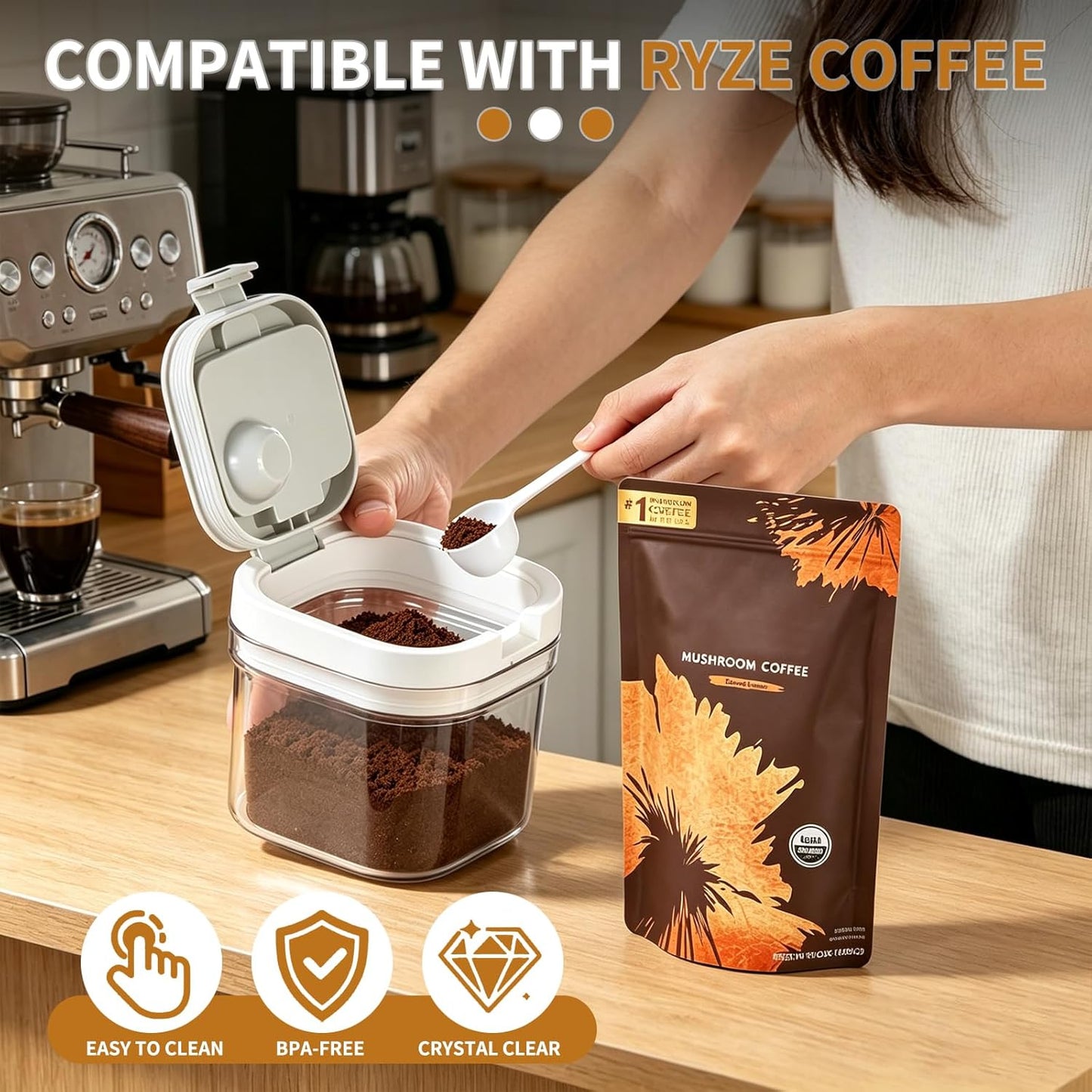 Coffee Container Compatible with Ryze Coffee,Baking Powder Container - 4.7 * 4.7 * 3.9 Inch, Airtight Storage Canister with Scoop,Kitchen Food Storage Soda,Grounds Coffee, Beans, Tea,800ml