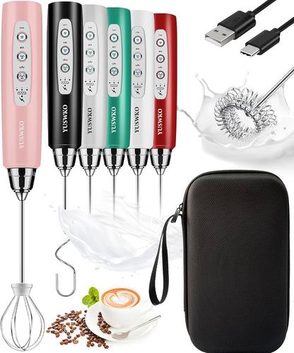 YUSWKO Black Handheld Milk Frother Wand for Coffee, Rechargeable Electric Whisk with 3 Heads 3 Speeds Drink Mixer Coffee Frother For Latte, Cappuccino, Hot Chocolate, Egg