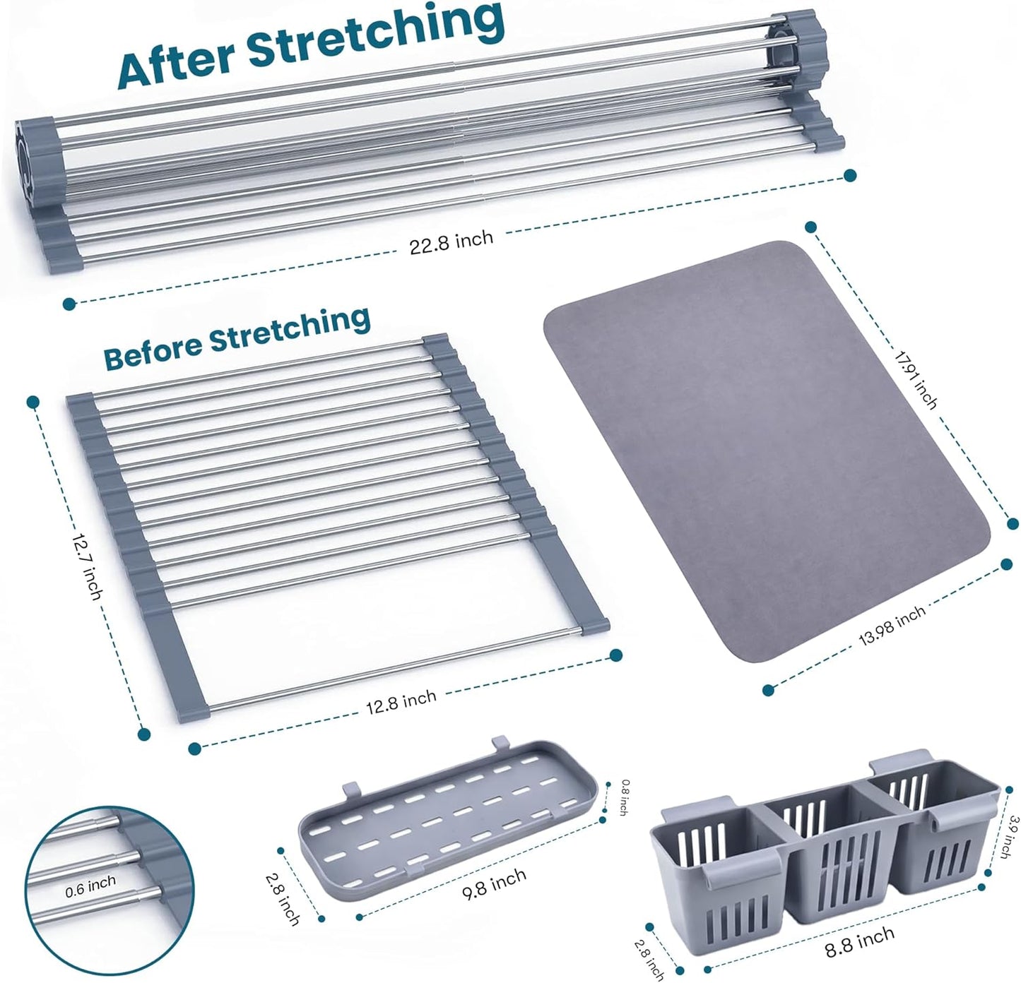 Havenity™ Expandable Roll Up Dish Drying Rack for Small Sinks - Expandable 12.8 to 22.8 Inch Over Sink Rack, Fits Apartments, RVs and Office Kitchens, Stainless Steel, 2 Baskets