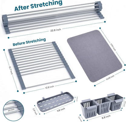 Havenity™ Expandable Roll Up Dish Drying Rack for Small Sinks - Expandable 12.8 to 22.8 Inch Over Sink Rack, Fits Apartments, RVs and Office Kitchens, Stainless Steel, 2 Baskets