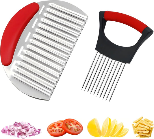 Onion Holder for Slicing, Stainless Steel Onion Cutter Guide for Even Slices, Vegetable Holder Tool with French Fry Cutter, Safe Kitchen Prep Tool