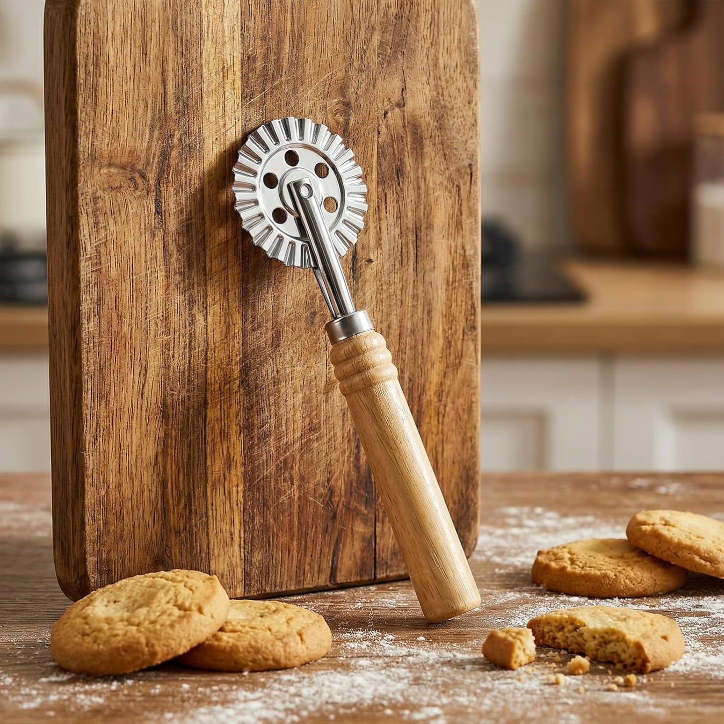 Ravioli Cutter Wheel Pasta Cutter Wheel with Roller Pastry Wheels With Long Wooden Handle, 6.7inch Dumpling Lace Making Zinc Alloy Noodle Making for Kitchen