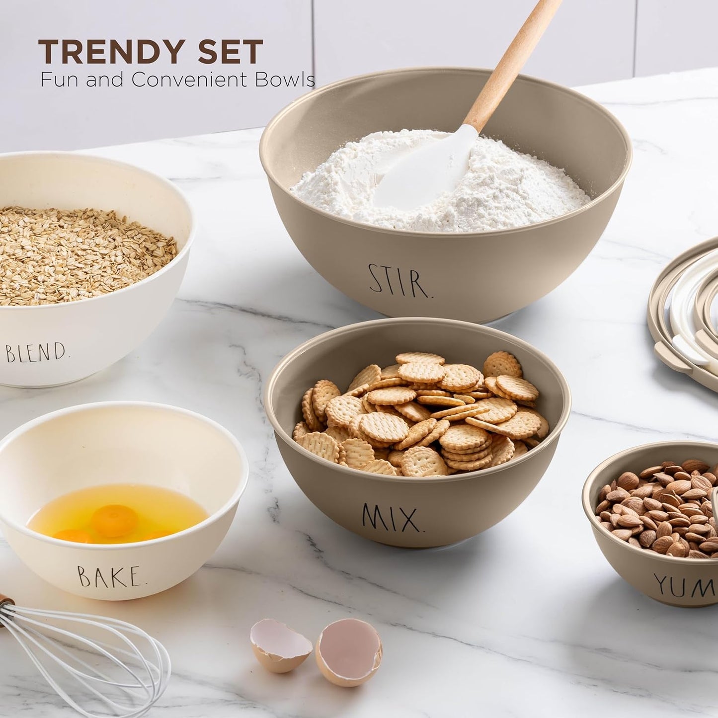 Rae Dunn Mixing Bowls with Lids - 10 Piece Plastic Nesting Bowls Set includes 5 Prep Bowls and 5 Lids (Sage)