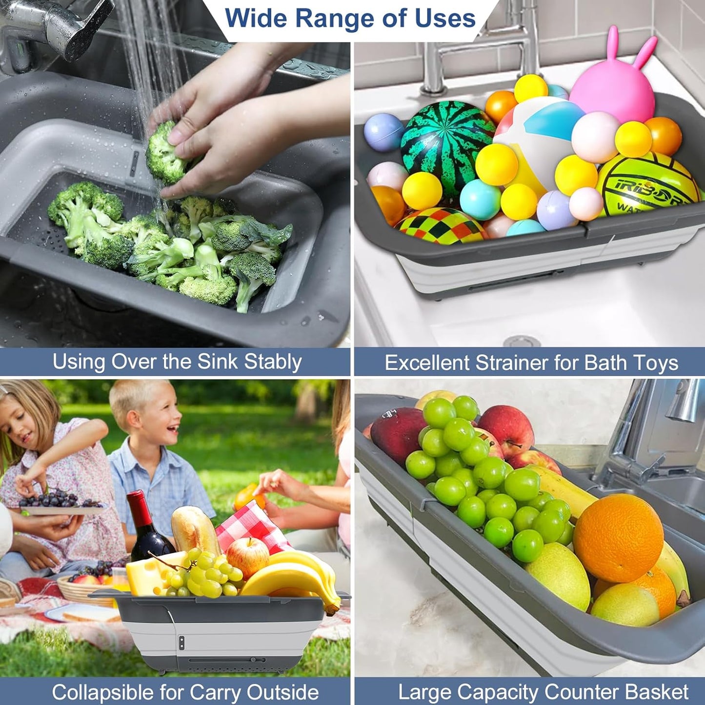 ROTTOGOON 7Qt Collapsible Colander Strainer, Expandable Over the Sink Colander, Adjustable Silicone Kitchen Sink Strainer, Foldable Large Colanders Basket to Wash Vegetable, Fruit, 15" to 19.8", Green