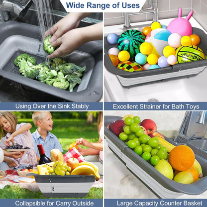 ROTTOGOON 7Qt Collapsible Colander Strainer, Expandable Over the Sink Colander, Adjustable Silicone Kitchen Sink Strainer, Foldable Large Colanders Basket to Wash Vegetable, Fruit, 15" to 19.8", Green