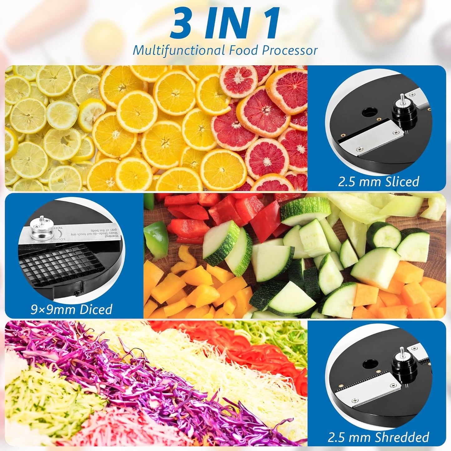 3 in 1 Electric Vegetable Chopper Slicer, Multifunctional Onion Chopper Food Dicer Shredder Processor, Automatic Veggie Fruit Cutting Dicing Machine with Stainless Steel Blades for Commercial Home Use