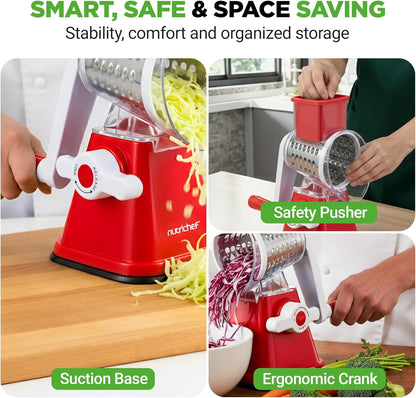 NutriChef 3 in 1 Cheese Grater & Shredder | Strong Suction Base, Rotary Handle with Safety Lock | Includes Hand Crank & 3 Drum Blades for 3 Textures, Fine, Medium & Strips | White