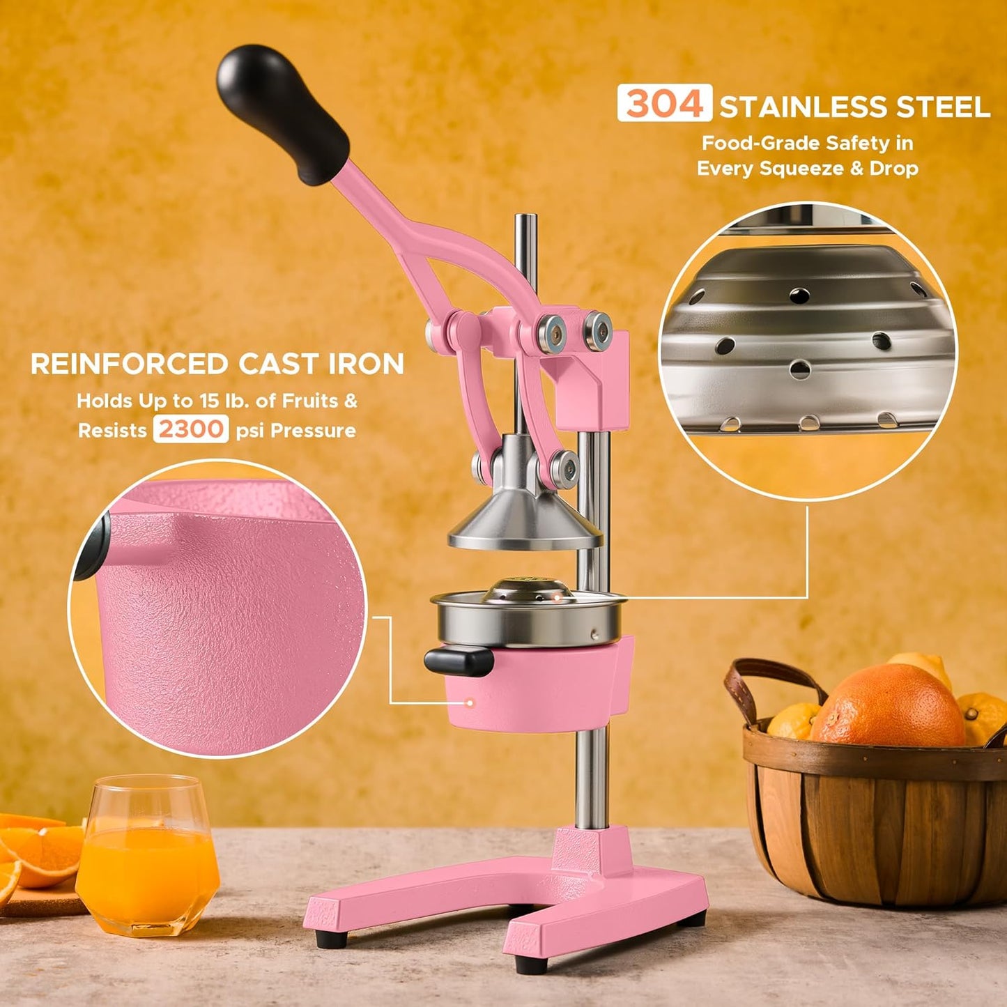 CO-Z Manual Citrus Juicer, Commercial Grade Cast Iron Orange Juicer, Professional Heavy Duty Juice Press with Removable Strainer, Manual Juice Extractor for Orange Lemon Pomegranate Citrus, Black