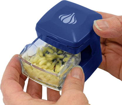 Garlic-A-Peel Garlic Press, Crusher, Cutter, Mincer, and Storage Container - Includes Silicone Garlic Peeler - Easy to Clean - Stainless Steel Blades – (Black), standard