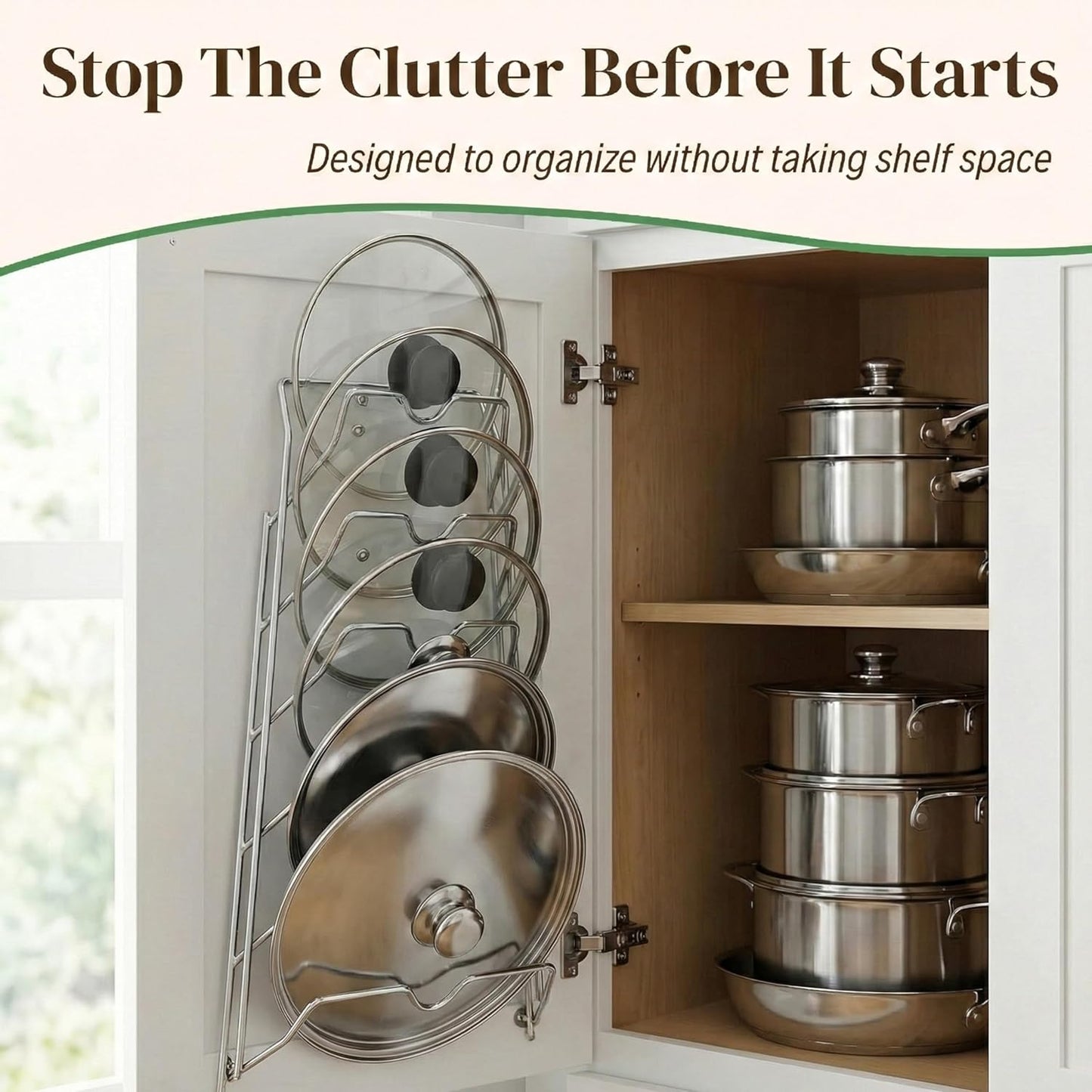 Evelots 6 Pot Lid Organizer for Cabinet Door or Pantry Wall - Closet Door Pots and Pans Lids Holder - Glass or Metal Pan Covers Cabinet Organizer Kitchen Storage - White 6 Tier Lid Rack