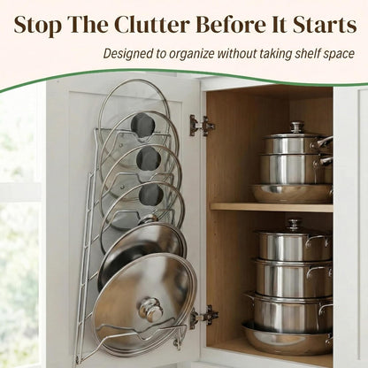Evelots 6 Pot Lid Organizer for Cabinet Door or Pantry Wall - Closet Door Pots and Pans Lids Holder - Glass or Metal Pan Covers Cabinet Organizer Kitchen Storage - White 6 Tier Lid Rack