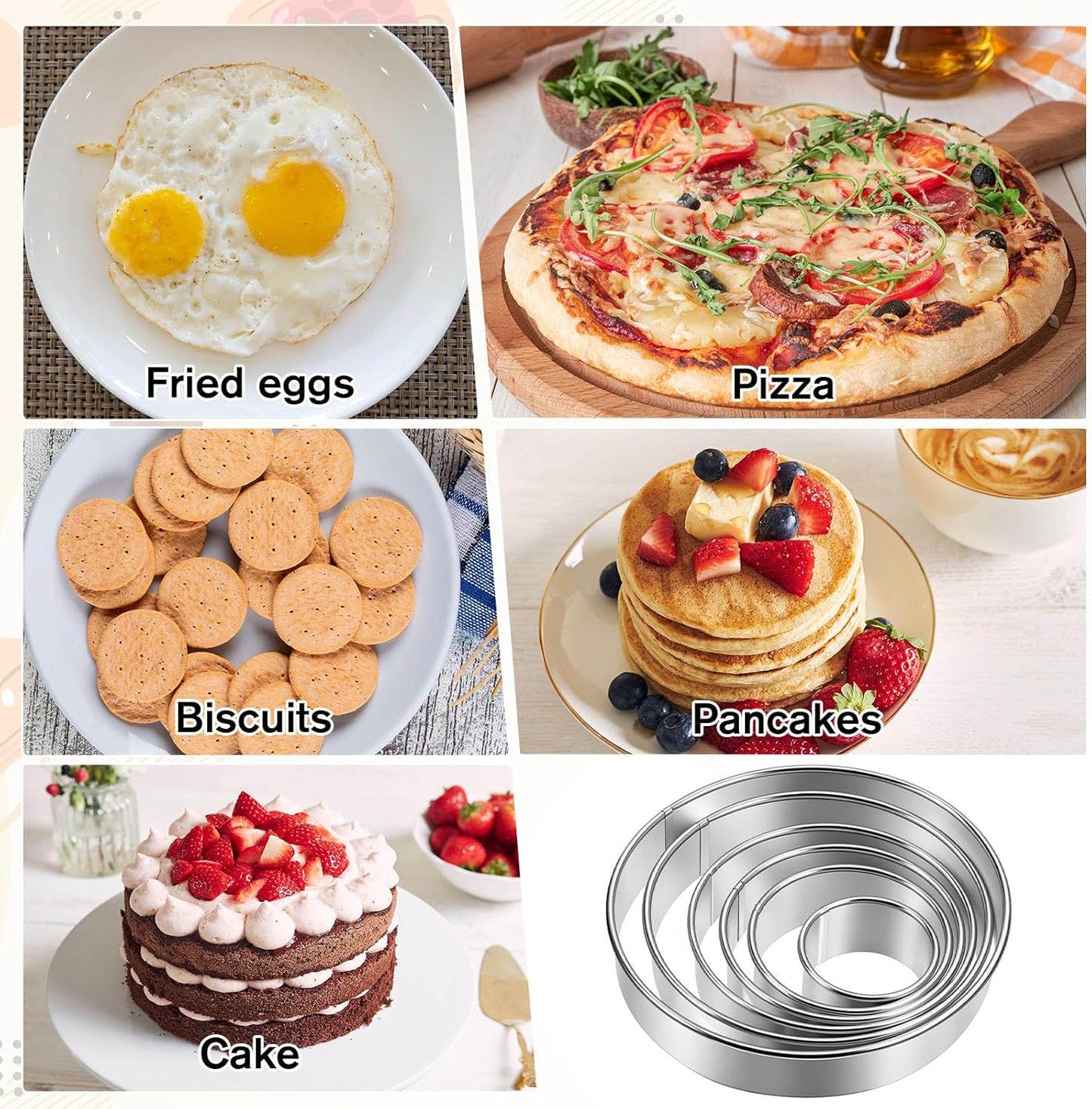 Circle Cookie Cutter 8 Piece Round Cookie Cutter & Scraper & Silicone Pastry Brush Set for Pastry,Donut,Fondant,Cake,Cookies, Diameter (2, 3, 3.7, 4.3, 5.3, 6 Inch)