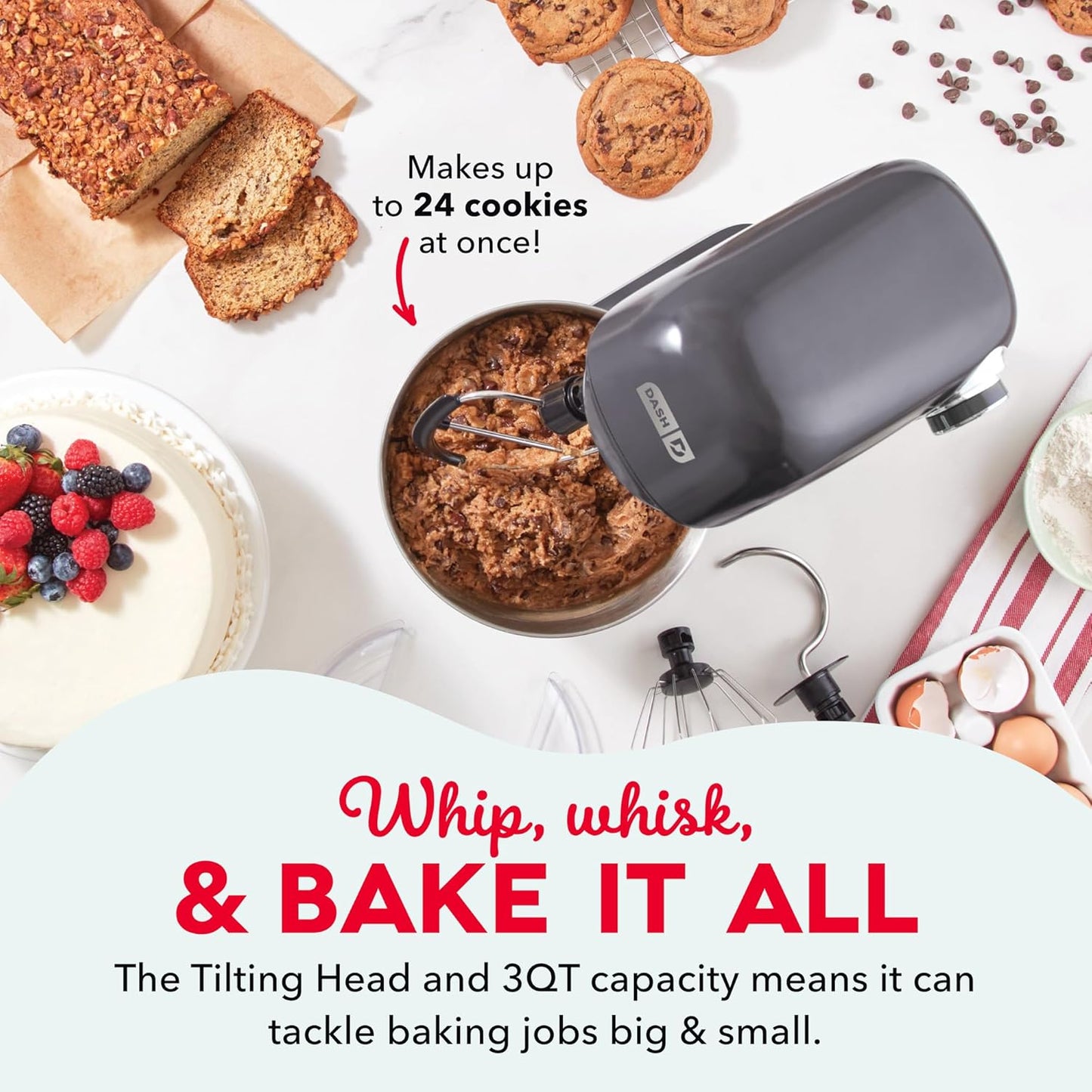 Dash 3.5QT Tilt-Head Stand Mixer - Electric Stand Mixer with Stainless Steel Bowl and Splash Guard For Baking - Cream, 3.5-Quart