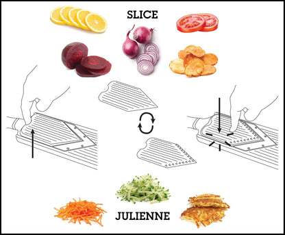 Microplane Adjustable Mandoline Slicer with V-Blade and Julienne Stainless Steel Blades, Handheld Mandoline for Potatoes, Carrots and Other Vegetables