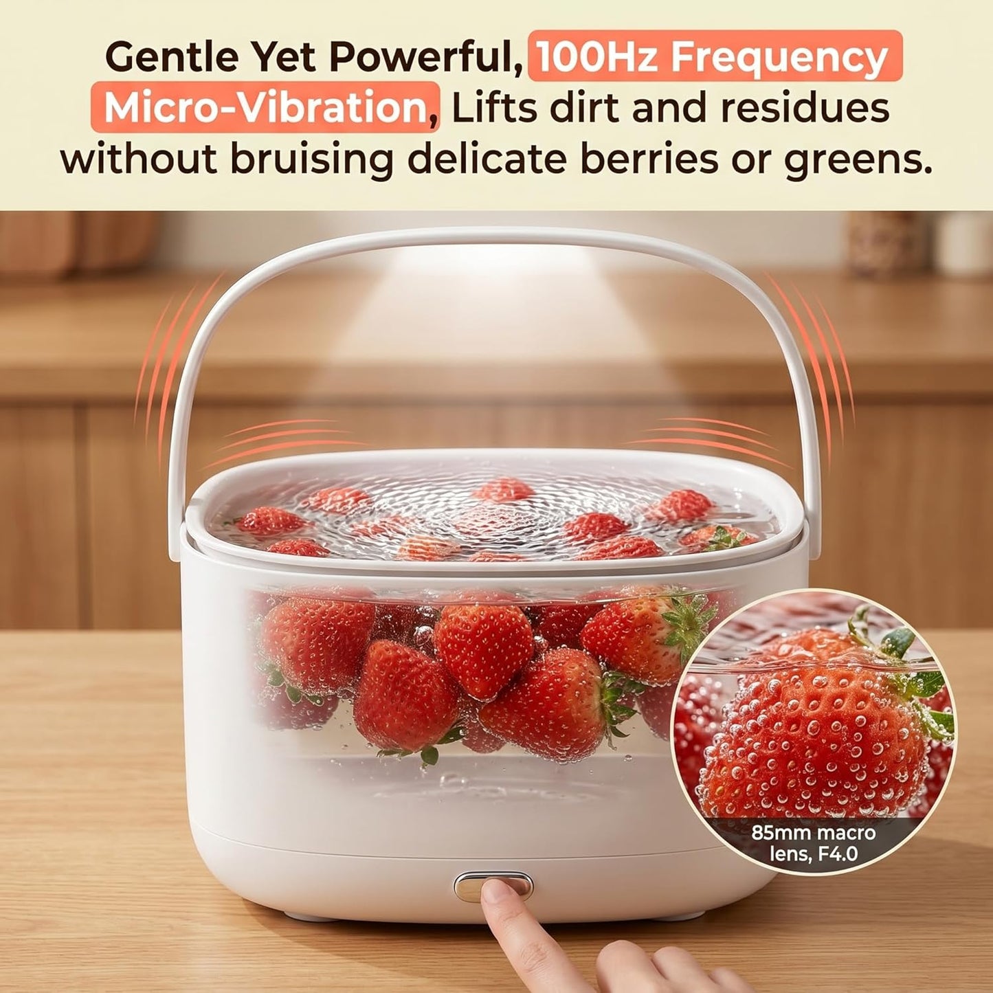 Ultrasonic Fruit Washer and Produce Cleaner Device - Countertop Fruit and Vegetable Washing Machine for Berry & Salad - Cordless Veggie Cleaner with 2-Tier Drain Basket Strainer