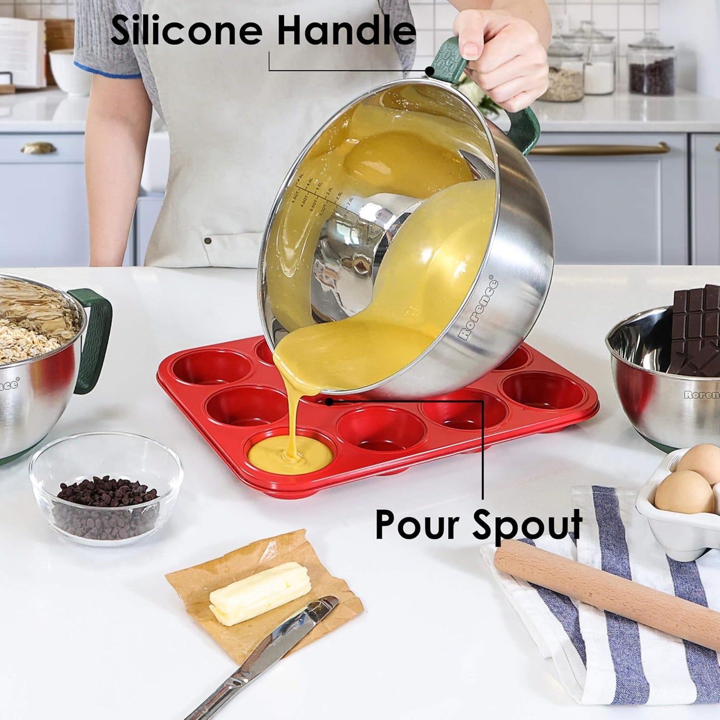 Rorence Stainless Steel Non-Slip Mixing Bowls With Pour Spout, Handle and Lid, Set of 3, Black