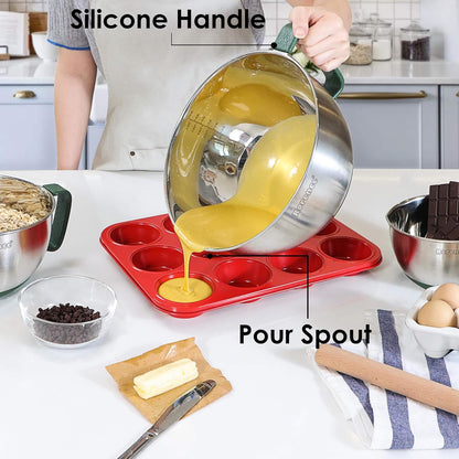 Rorence Stainless Steel Non-Slip Mixing Bowls With Pour Spout, Handle and Lid, Set of 3, Black