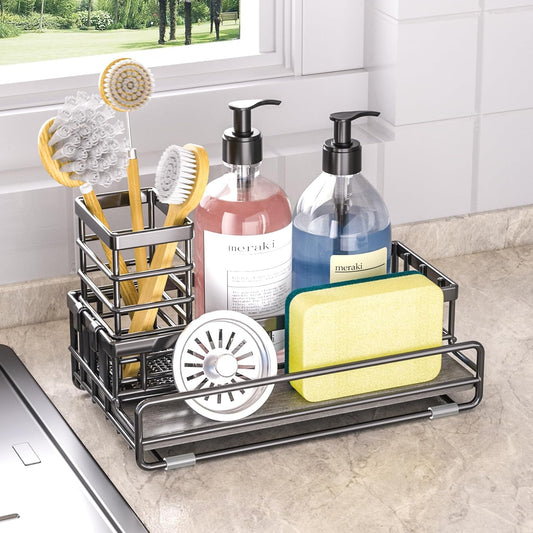 Large Family-Sized Sponge Holder for Kitchen Sink Organizer - Sink Caddy with Instant Drying Stone, Stainless Steel Sponge Holder for Sponges, Scrubbers, Soap, Home Countertop Organizer