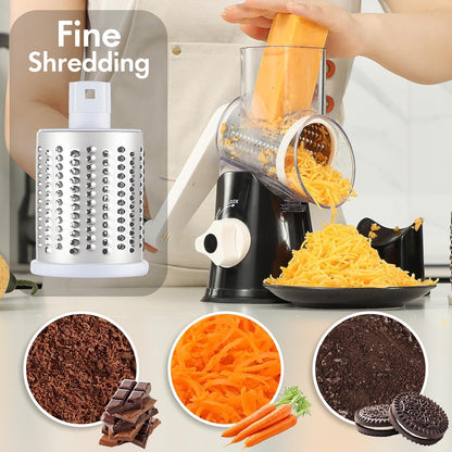 Rotary Cheese Grater with Handle, Round Mandoline Speed Kitchen Slicer, 3 in 1 Multifunctional Vegetable Shredder Manual Nut Grinder for Nuts, Potato, Carrot, Cucumber (Pink)