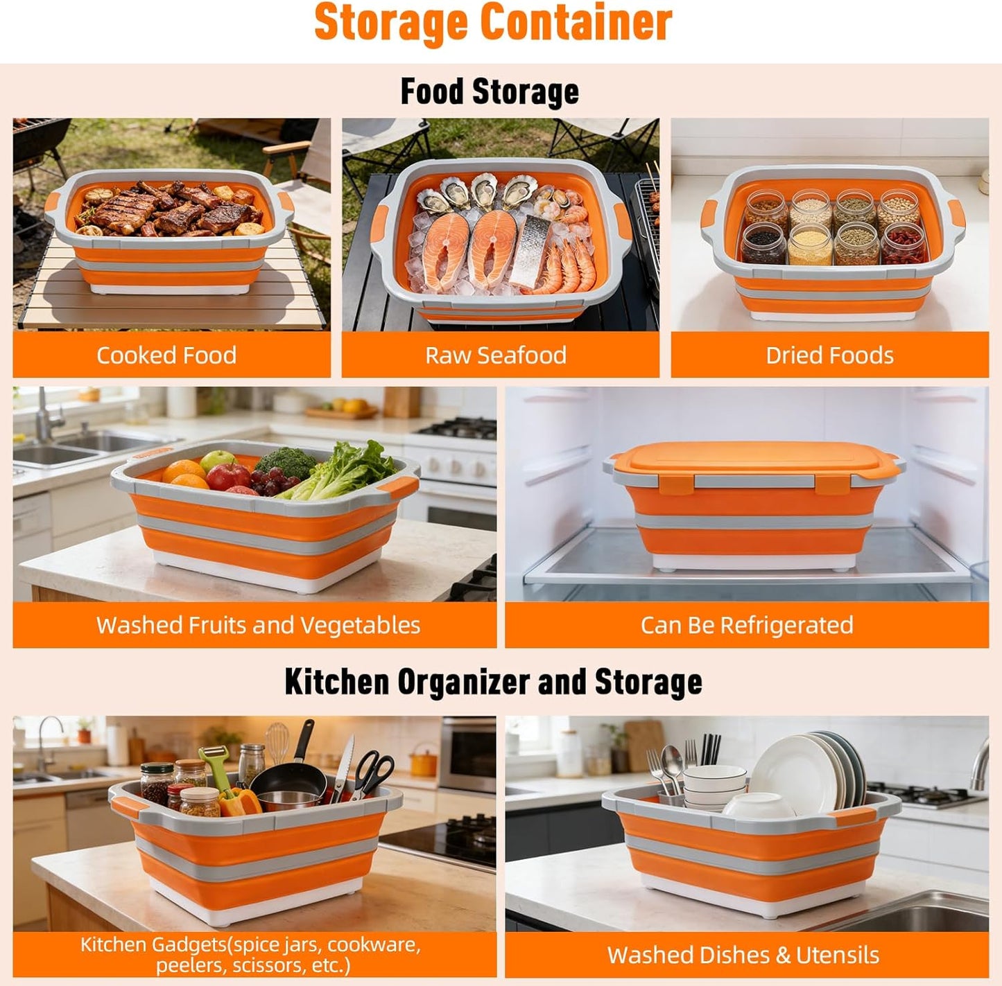 8L Collapsible BBQ Prep Tub with Locking Lid Cutting Board for Marinating Food Storage - Portable Wash Basin Colander for Kitchen Camping Sink - Foldable Bucket for Household Baking Picnic Tailgate