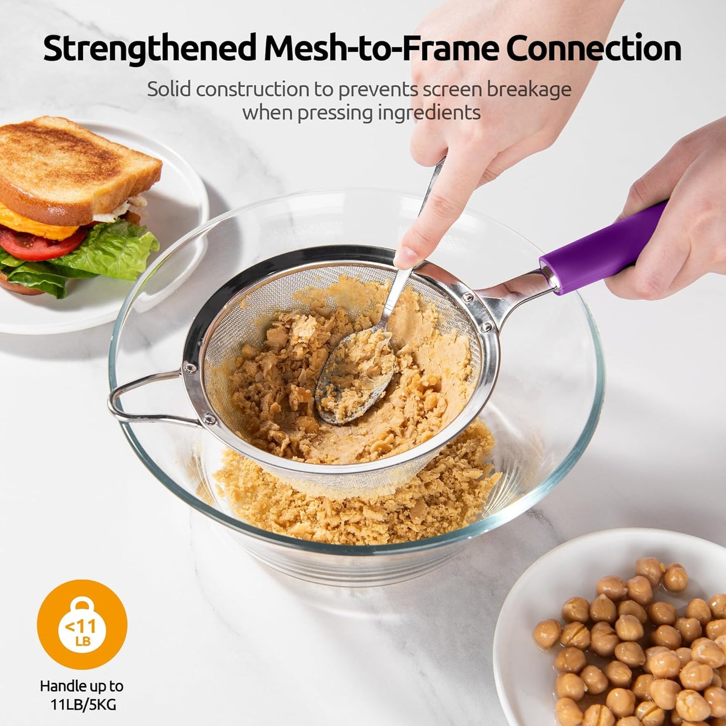 U-Taste Medium Fine Mesh Strainer: 18/8 Stainless Steel 4.73in 30 Mesh Kitchen Food Sieve with Sturdy Riveted Silicone Handle, Heavy Duty Deep Handheld Metal Colander for Rice, Quinoa, Flour (Black)