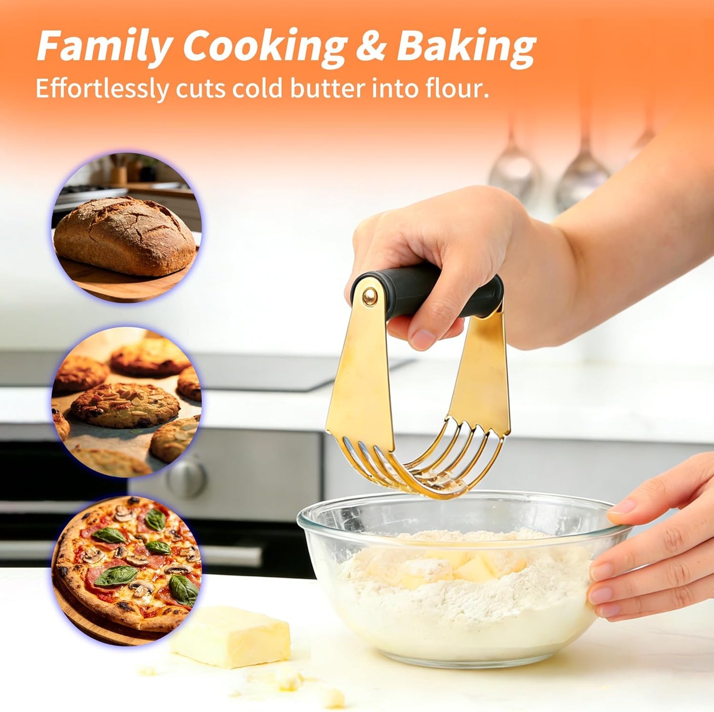 SmileCat Stainless Steel Dough Blender, Dishwasher-Safe Pastry Cutter, Biscuit Cutter, Butter Cutter for Baking. Gold