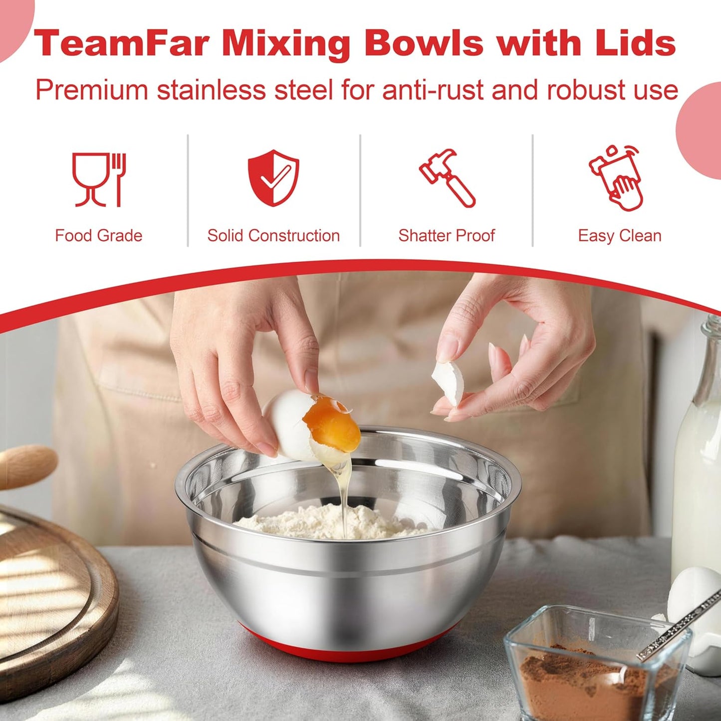 TeamFar Mixing Bowls, Black Mixing Bowls with Lids Set, Stainless Steel Nesting Salad Bowl with Air-tight Lid & Silicone Bottom, Non Slip & Stackable - Set of 6-4.6/2.6/2 / 1.5/1 / 0.7 Qt