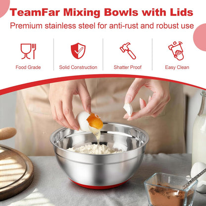 TeamFar Mixing Bowls, Black Mixing Bowls with Lids Set, Stainless Steel Nesting Salad Bowl with Air-tight Lid & Silicone Bottom, Non Slip & Stackable - Set of 6-4.6/2.6/2 / 1.5/1 / 0.7 Qt