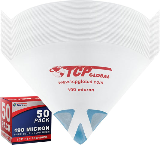 TCP Global - 190 Micron Filter Tips Ultra-Fine Paint Strainer (50 Pack) - Pure Blue Nylon Mesh Cone Strainer - Paint Filter Cones for Auto, House & Hobby