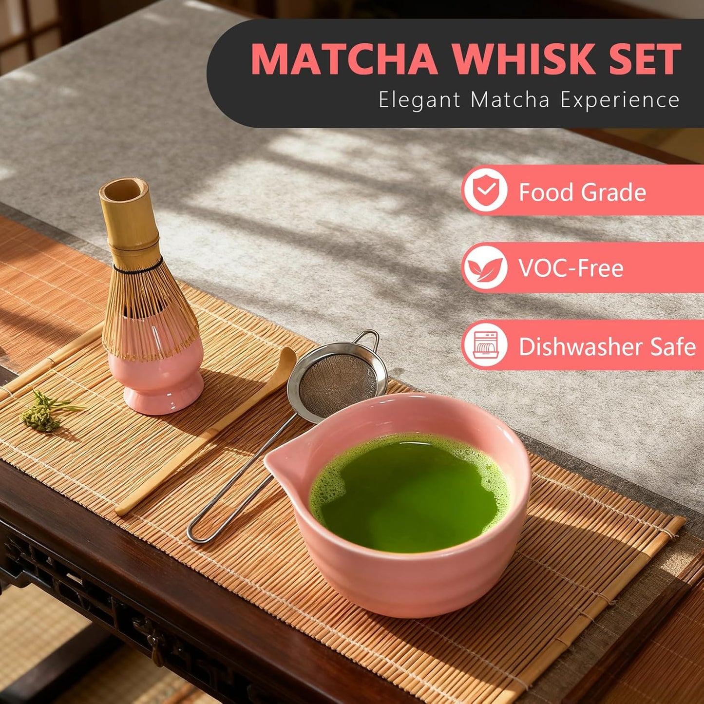 Matcha Whisk Set 5 pcs 18 oz Tea Making Bowl Kit Great for Starter Pink