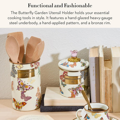 MACKENZIE-CHILDS Enamel Utensil Holder, Kitchen Utensil Holder for Countertop, Storage Caddy, Gray-and-White Sterling Check