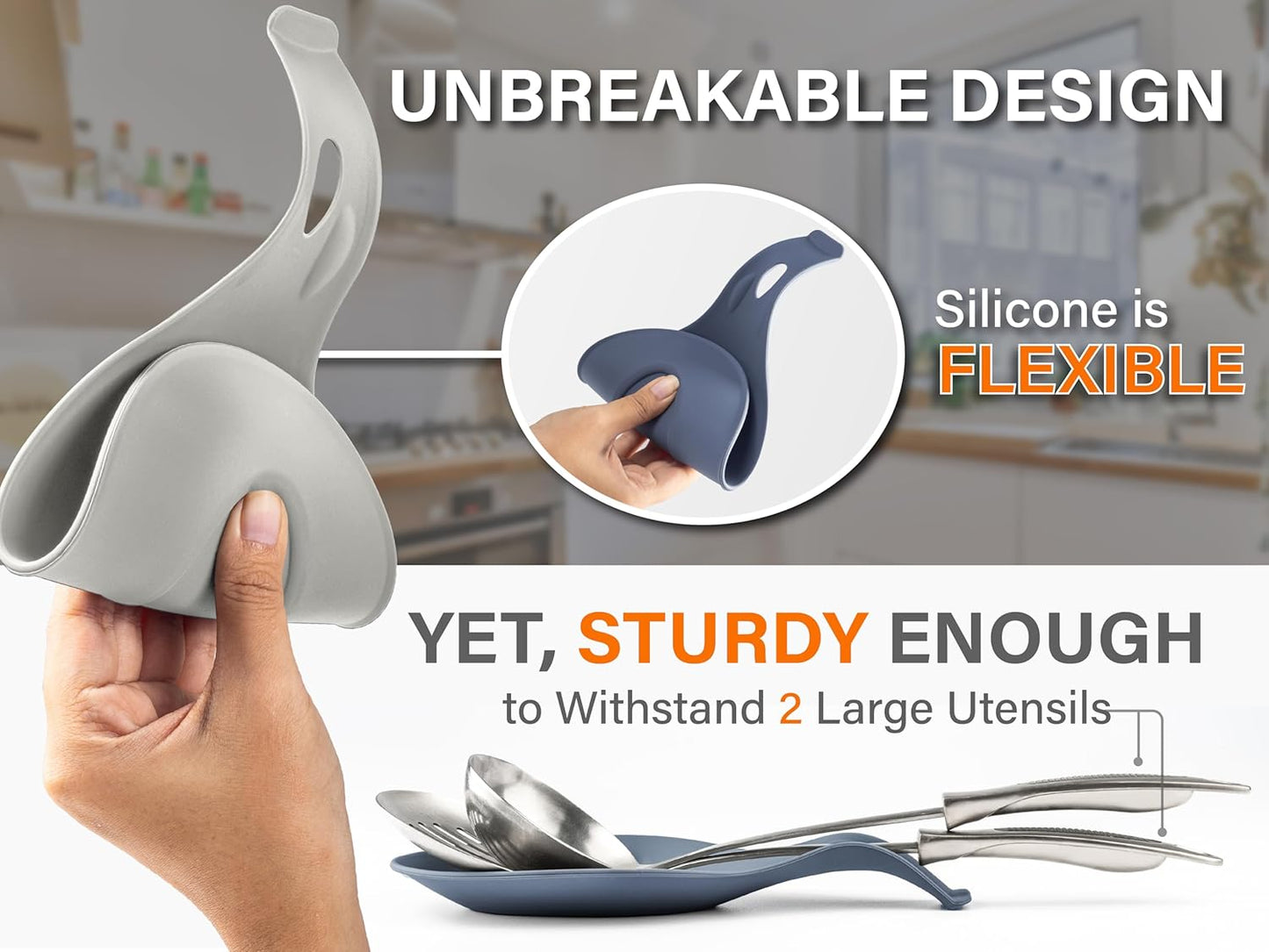 Silicone Spoon Rest for Stove Top Set of 2 – HEAT RESISTANT DISHWASHER SAFE Kitchen Utensil Holder for LARGE Utensils - Won’t Break - Non-Slip - Ideal for Glass & Induction Cooktops - for Home Cooks