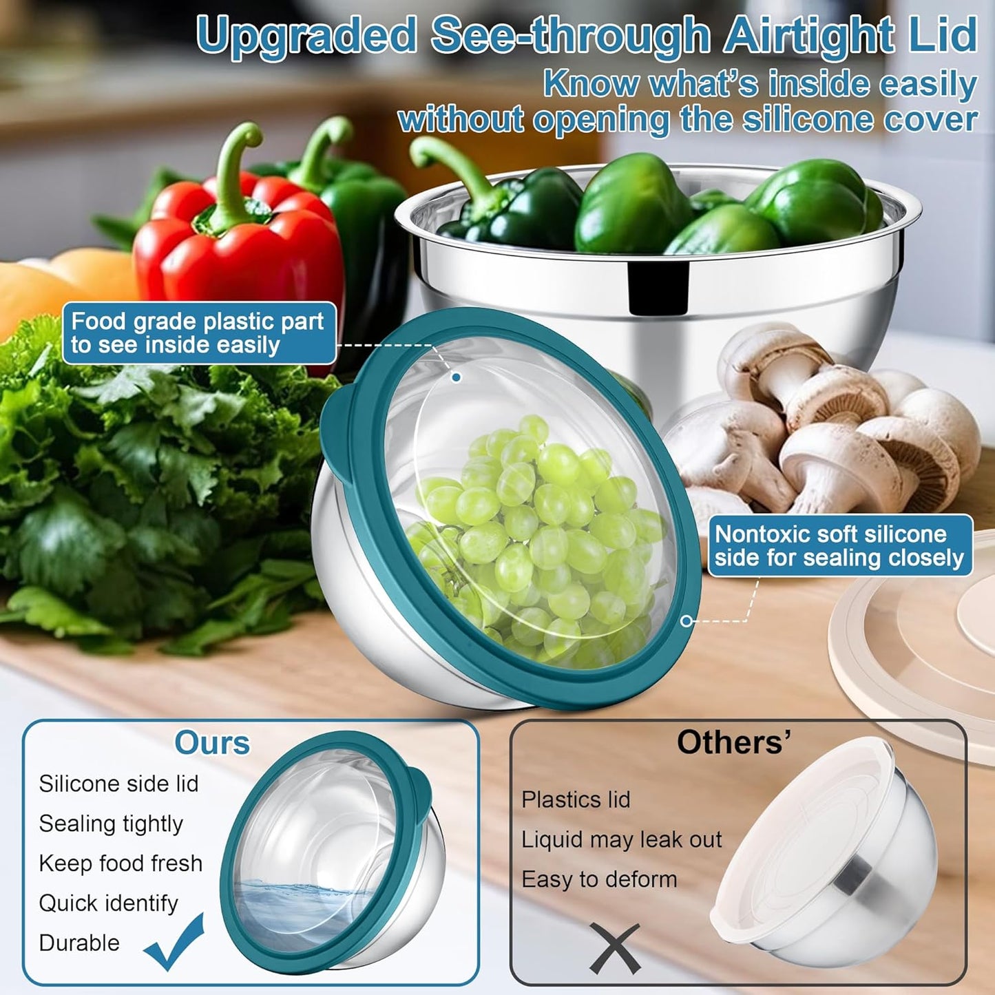 E-far Mixing Bowls Set of 5, Stainless Steel Salad Mixing Bowl with Transparent Lid, Metal Nesting Bowl Attach with 3 Graters for Kitchen Prepping/Serving/Baking/Storage, 4.6/2.6/1.5/1/0.7 QT - Khaki