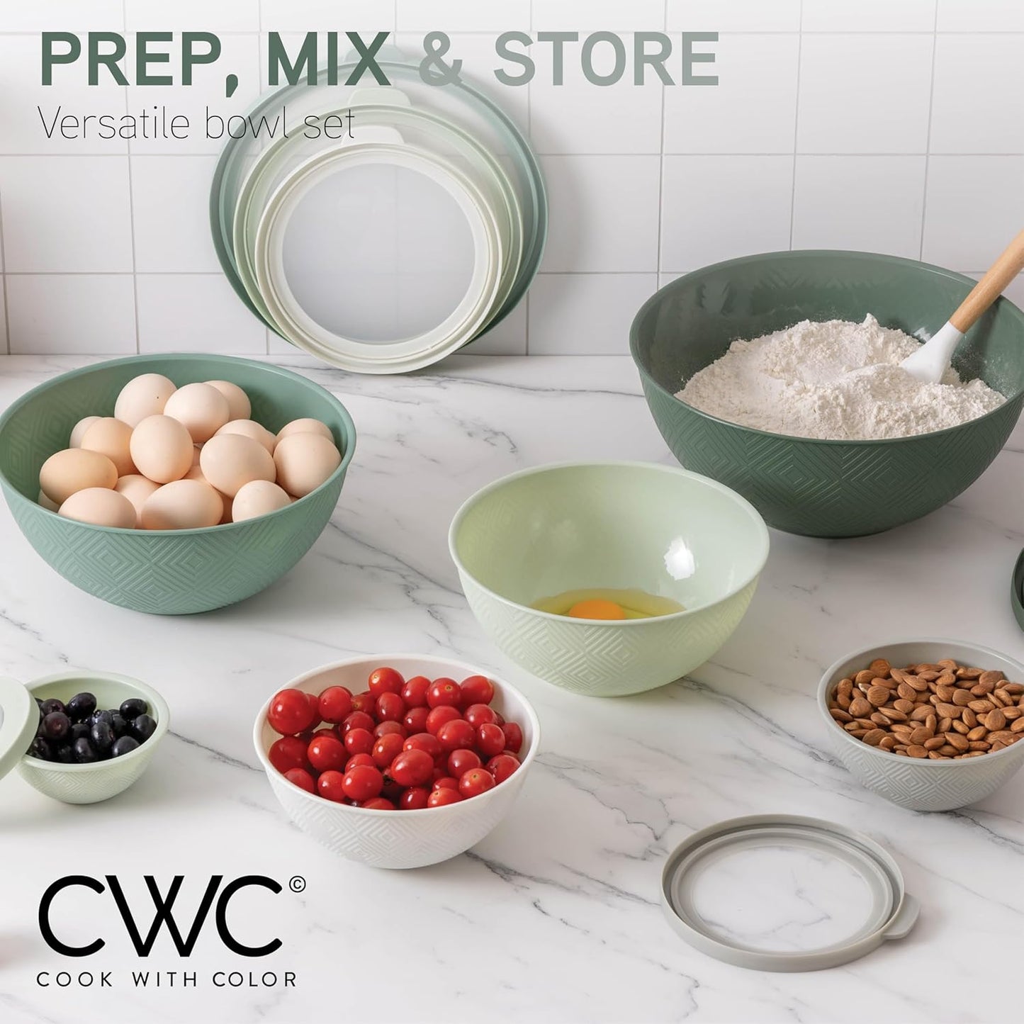 COOK WITH COLOR Mixing Bowls with Lids - 12 Piece Plastic Nesting Bowls Set includes 6 Prep Bowls and 6 Lids, Microwave Safe Mixing Bowl Set, Black Embossed - Colors B