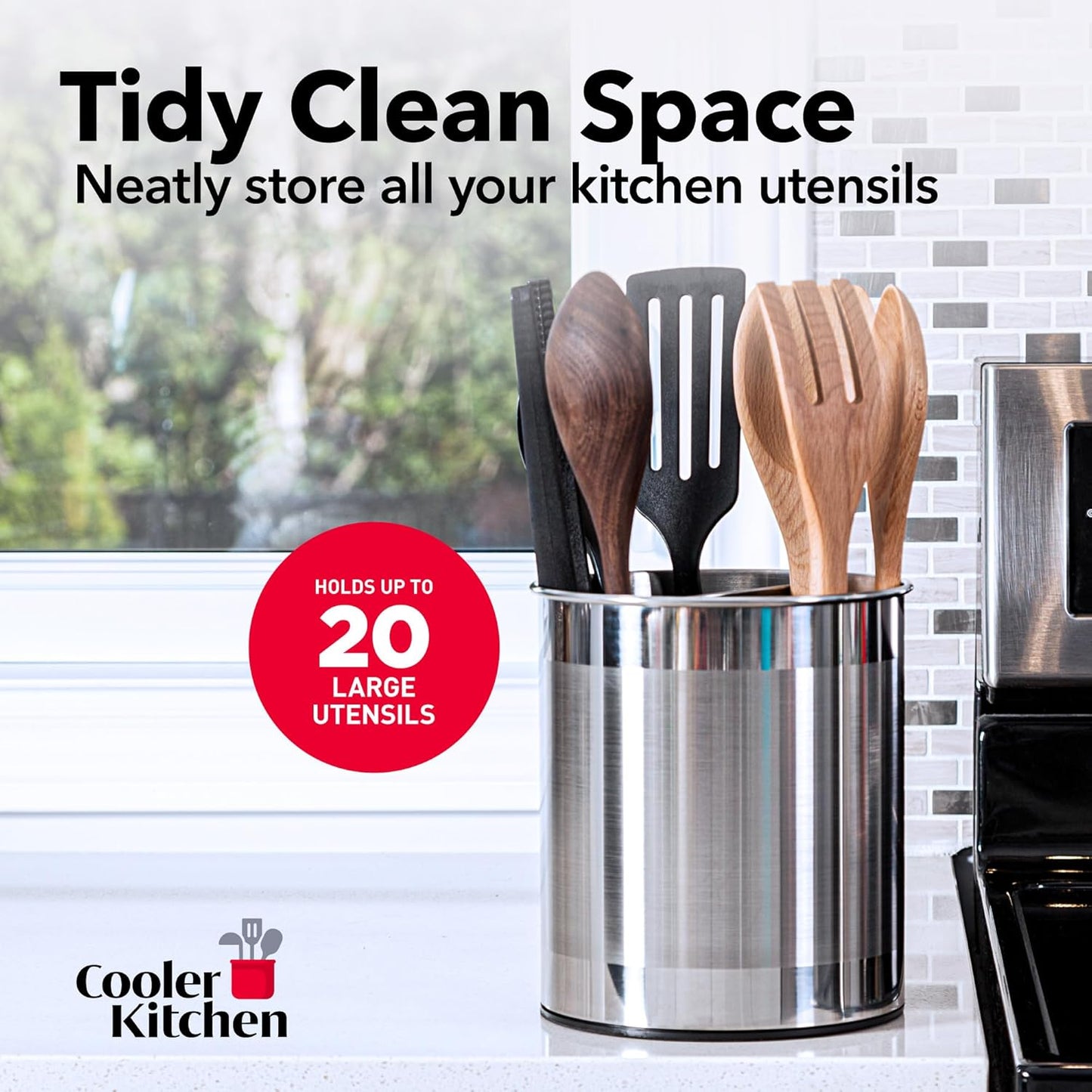 Cooler Kitchen Jumbo Extra Large Sturdy Rotating Black Utensil Holder Caddy with No-Tip Weighted Base, and Gripped Insert - Rust Proof and Dishwasher Safe Kitchen Utensils Holder