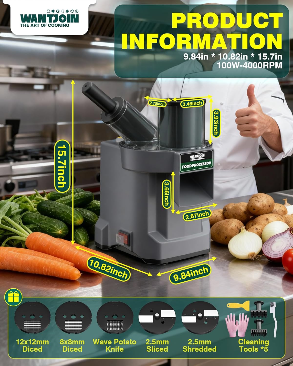 WantJoin 5 in 1 Electric Vegetable Chopper - Multifunctional Commercial Vegetable Dicer Food Fruit Processor Stainless Steel Blades for Slicing(2.5mm), Dicing(8/12mm), Chopping(2.5mm),Shredding