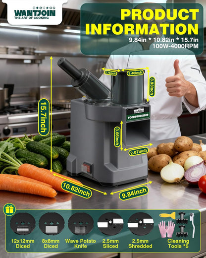 WantJoin 5 in 1 Electric Vegetable Chopper - Multifunctional Commercial Vegetable Dicer Food Fruit Processor Stainless Steel Blades for Slicing(2.5mm), Dicing(8/12mm), Chopping(2.5mm),Shredding