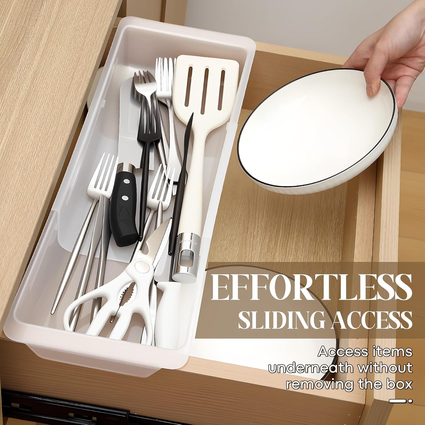 2 Pack Deep Drawer Organizer Bins, Adjustable Sliding Drawer Organizer Bin Expandable Tray for Kitchen Utensils, BBQ Tools, Towels, Durable Plastic Sliding for Easy Storage (12.4" to 18”)
