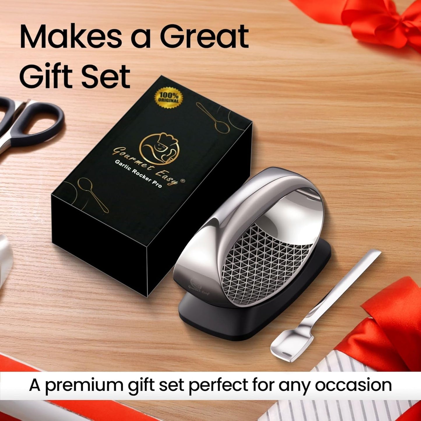 Full Stainless Steel Garlic Press Rocker with Eject Base + Scraper Spoon, Innovative 3D Cutting, Easy Crush & Clean Garlic Mincer, Premium Garlic Peeler Tool with Ergonomic Grip, 5-Year Warranty
