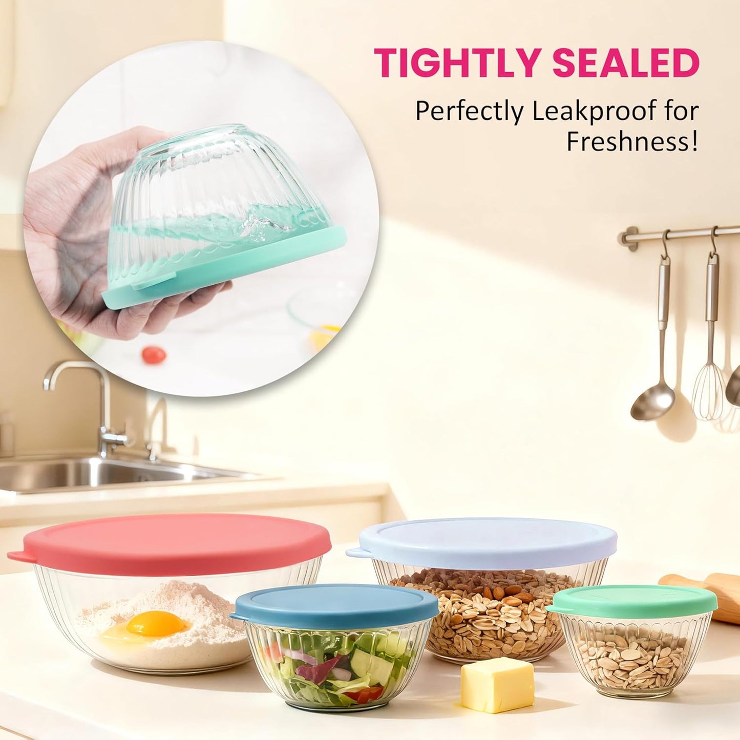 Silicone Lids Fit for Pyrex Sculpted Glass Mixing Bowls, Replacement Lids Compatible with Pyrex 3, 6, 10 Cup & 4.5 Qt Sculpted & Tinted Glass Bowls, Dishwasher Safe (Lid Only)