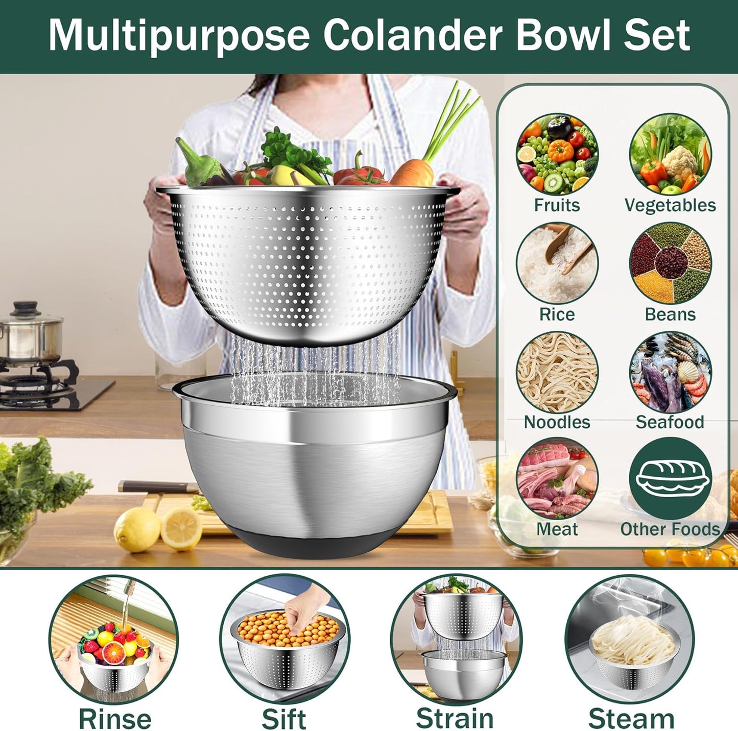Nicdiet Mixing Bowls with Airtight Lids, Stainless Steel Mixing Bowl Set with 3 Metal Nesting Bowls, Colander & Grater, Non-Slip Bottoms, Size 1.5, 2.5, 5 QT, Great for Mixing & Serving, Khaki