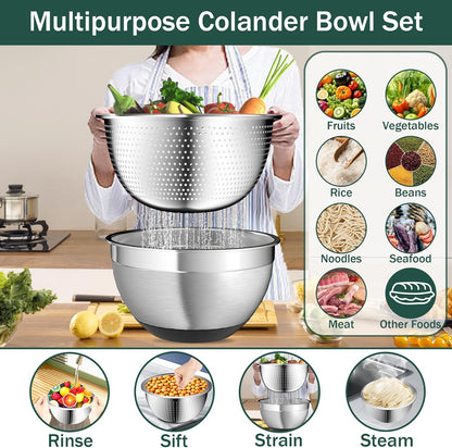 Nicdiet Mixing Bowls with Airtight Lids, Stainless Steel Mixing Bowl Set with 3 Metal Nesting Bowls, Colander & Grater, Non-Slip Bottoms, Size 1.5, 2.5, 5 QT, Great for Mixing & Serving, Khaki