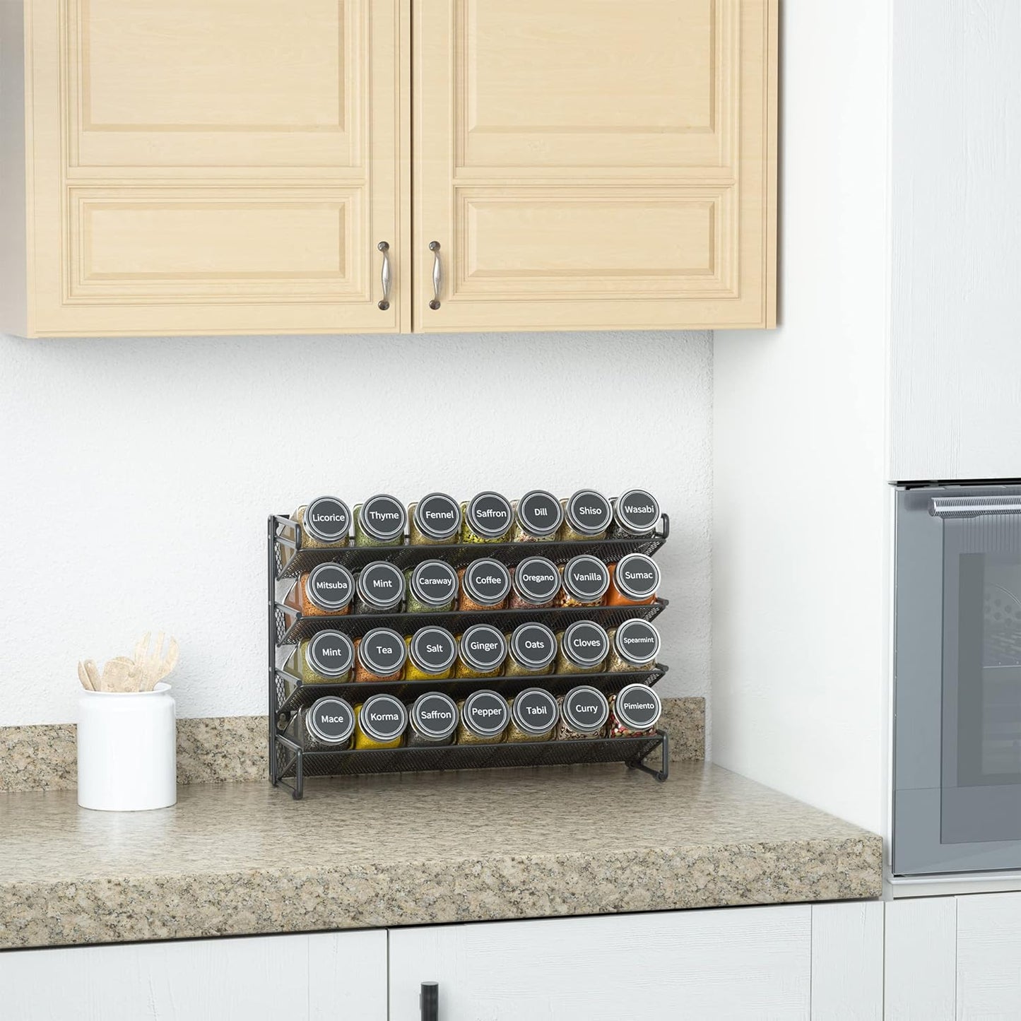 SpaceAid Spice Rack Organizer with 32 Spice Jars, 386 Spice Labels, Chalk Marker and Funnel Set for Cabinet, Countertop, Pantry, Cupboard or Door & Wall Mount - 32 Jars, 15.3" W × 10.8" H, Black