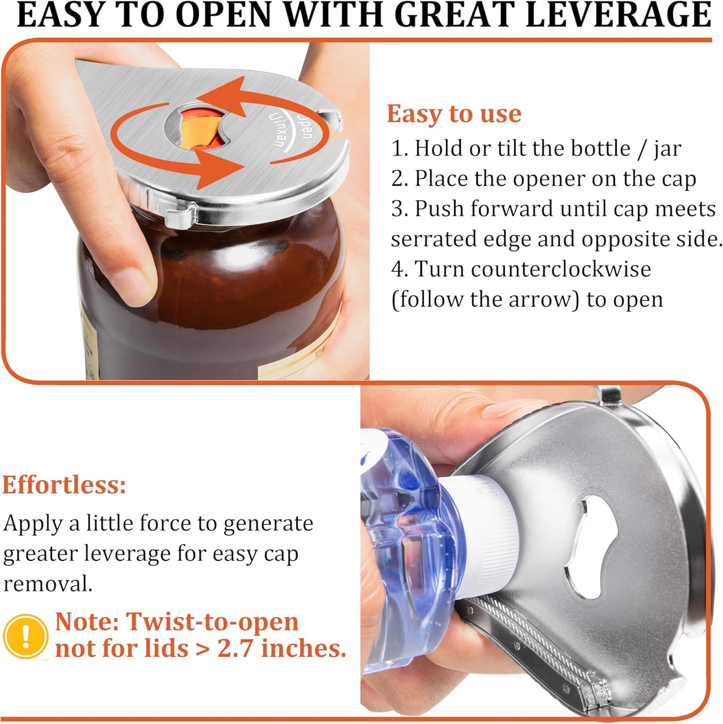 Uinxan Bottle & Jar Opener for Weak Hands & Seniors – 5 in 1 for Vacuum Seals, Soda, Small Jar Lids(0.6"-2.7"), Beer Caps, Pull Tabs – Multifunction Portable Tool for Elderly/Women/Men (Silver)