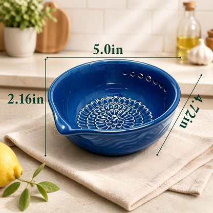 Ceramic Grater Bowl with Herb Stripper & Cleaning Brush, 3-in-1 Kitchen Tool for Garlic, Ginger & Vegetables, Easy to Clean Stripping Bowl for Kale, Rosemary, Thyme, and Basil, Dishwasher Safe-Green